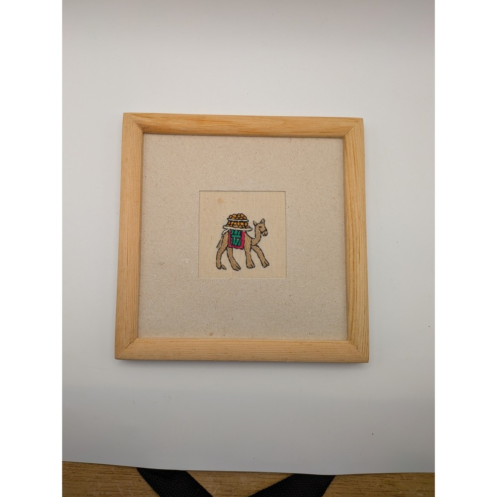 Vintage Handmade Needlepoint Camel Egypt Desert Folk Art Framed Embroidery
